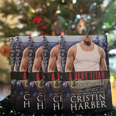 Several paperback copies of A VERY TITAN CHRISTMAS in front of a Christmas tree